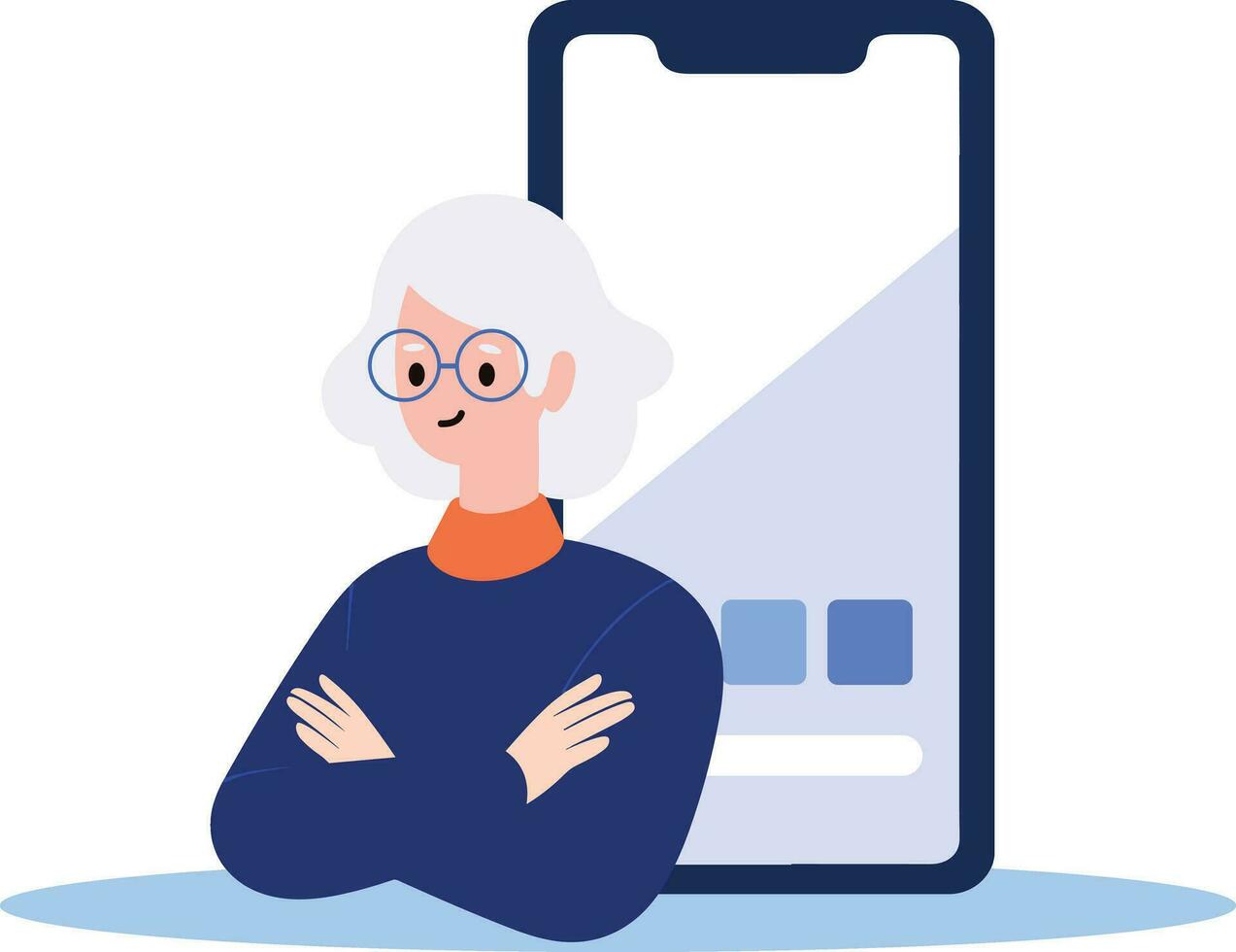 Hand Drawn old woman stands with her arms crossed with confidence in flat style vector