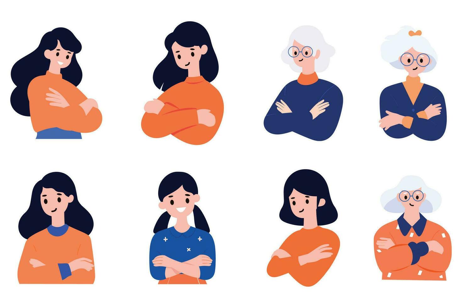 Hand Drawn old woman stands with her arms crossed with confidence in flat style vector