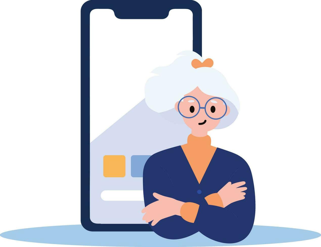 Hand Drawn old woman stands with her arms crossed with confidence in flat style vector