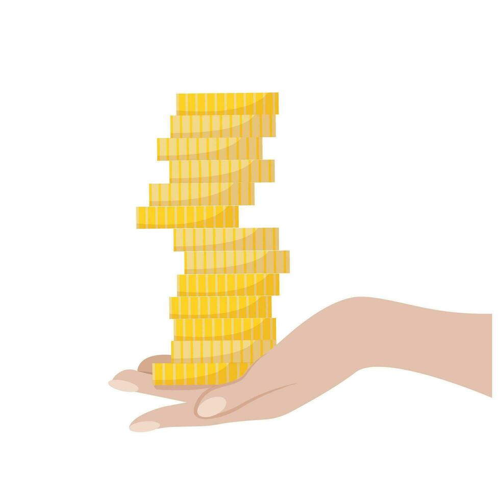 Hand holding coins stack. Flat vector illustration isolated on white background. Money, investment, payments concept, financial operations.