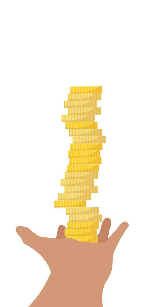 Hand holding coins stack. income, savings, investment concept. Vector illustration isolated on white background