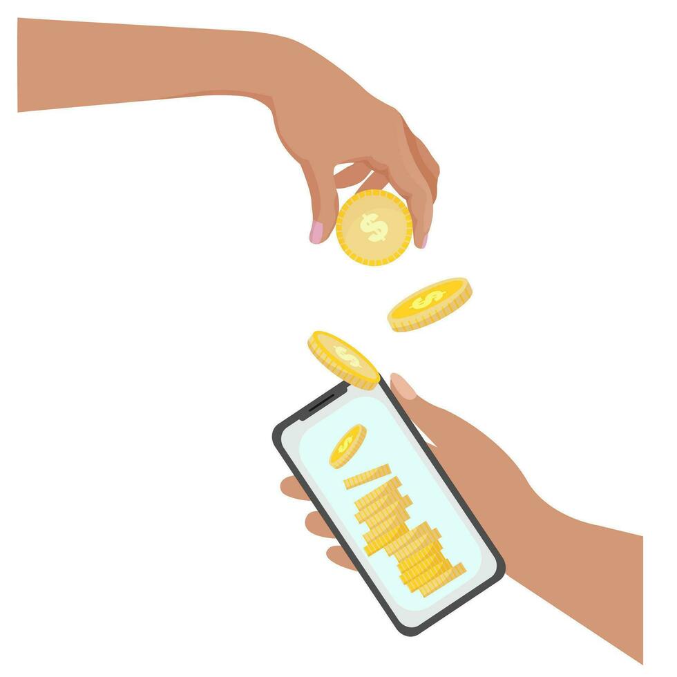 hand holding mobile phone with golden coin stacks. Hand putting coin into smartphone. income, savings, investment concept. Golden coins with dollar sign. Vector illustration isolated on background