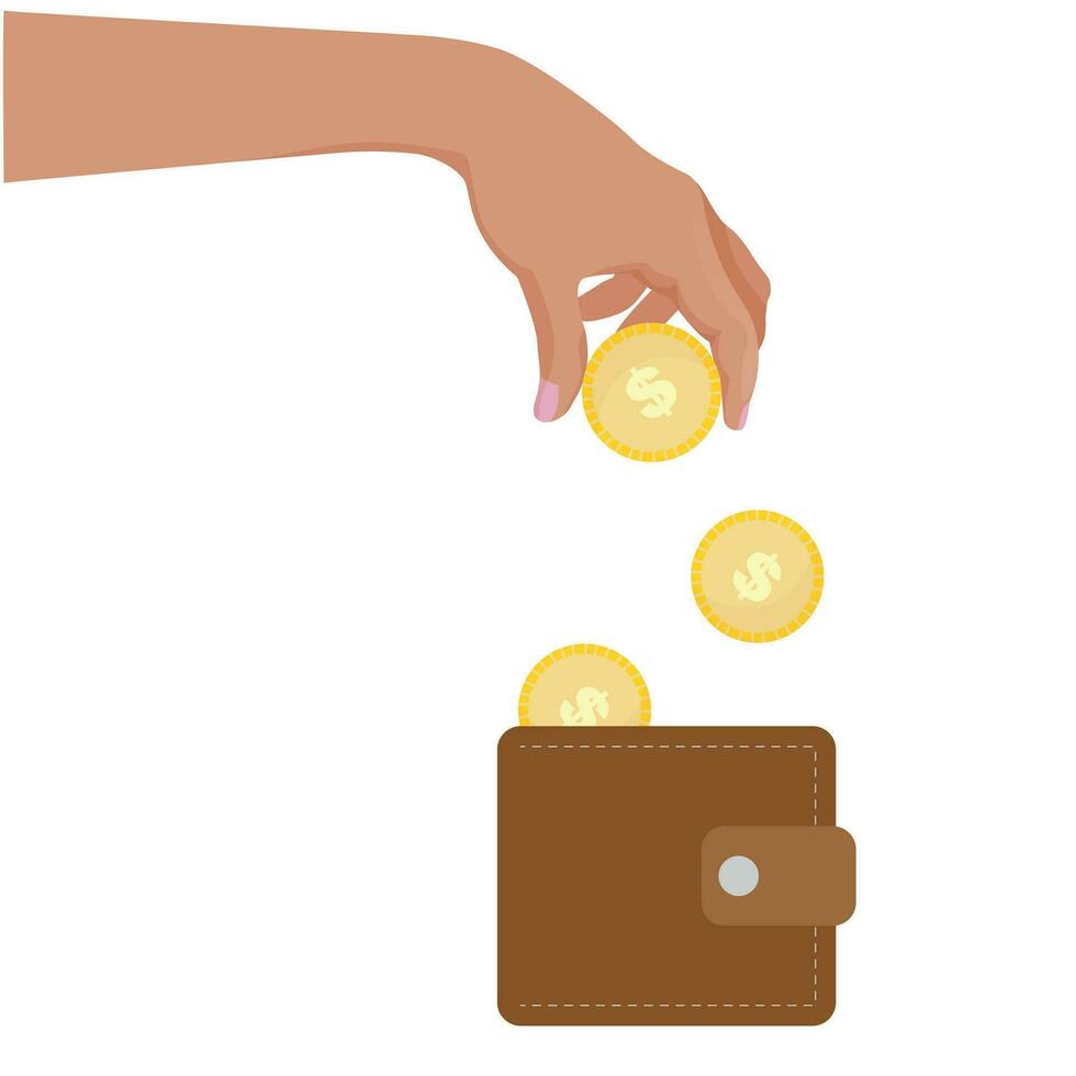 Hand putting golden coins to the leather wallet. coins with dollar sign. Growth, income, savings, investment. Symbol of wealth. Business success. vector illustration isolated on white background