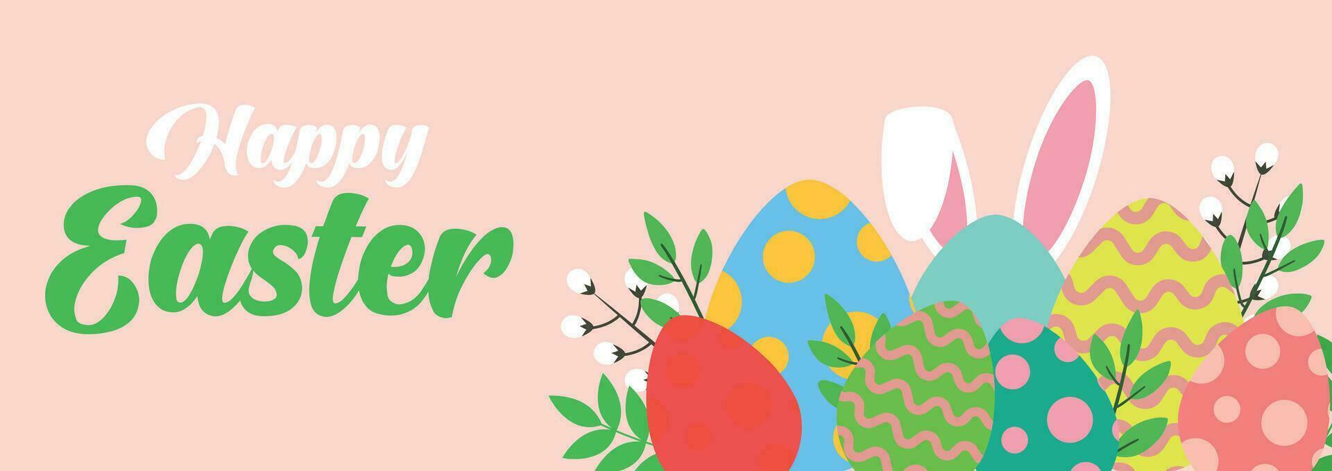 Happy Easter banner. Greeting card, poster or banner with bunny, flowers and Easter egg. Egg hunt poster. Spring background vector