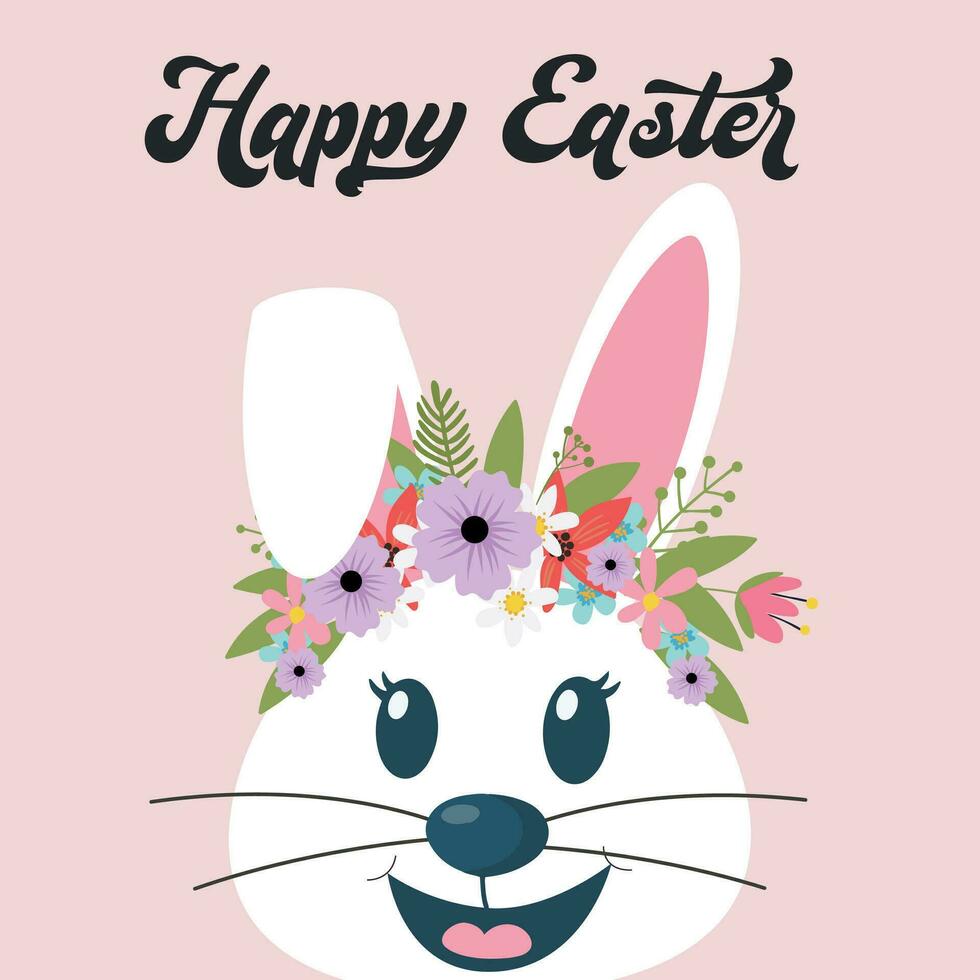 Cute spring rabbit with a wreath of flowers. Happy Spring Easter, Cute Cartoon. For banners, posters, cover design templates, social media stories wallpapers and greeting cards. vector