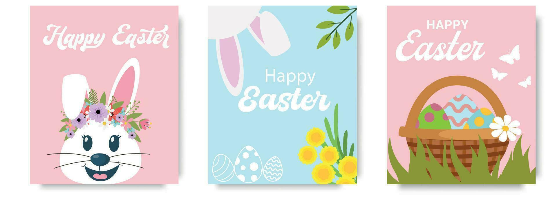 Set of trendy minimalist Easter posters with cute bunny, eggs, flowers and modern typography. Festive background, cover, sale banner, flyer design. Template for advertising, web, social media. vector