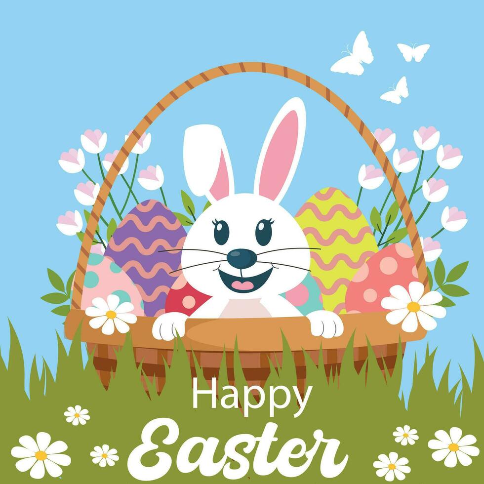 Happy Easter bunnies design. Cute Easter bunny in egg basket. Easter ...