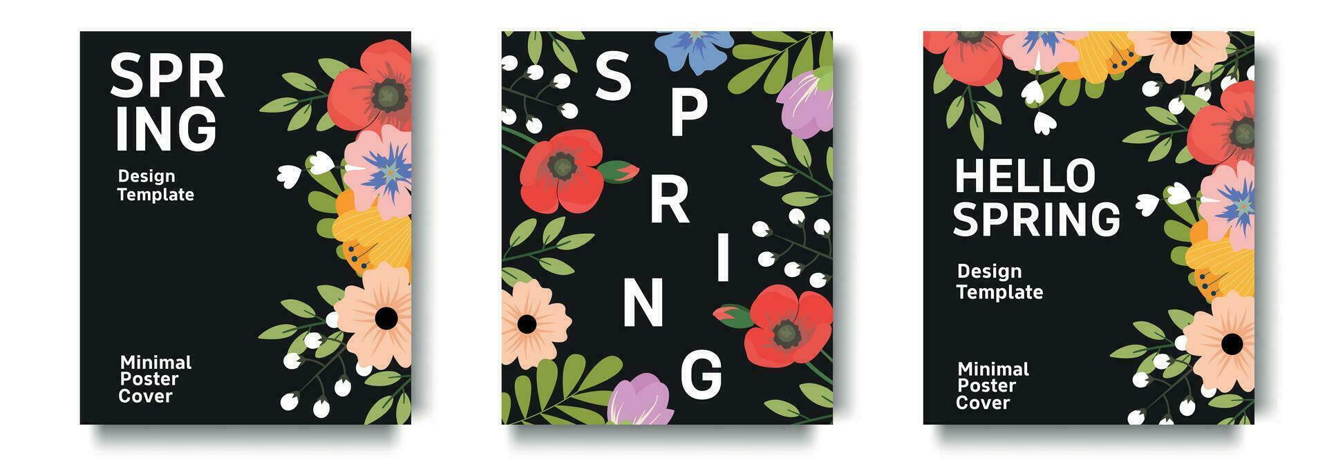 Set of trendy minimal spring posters with bright beautiful flowers and modern typography. Spring background, cover, sale banner, flyer design. Template for advertising, web, social media. vector