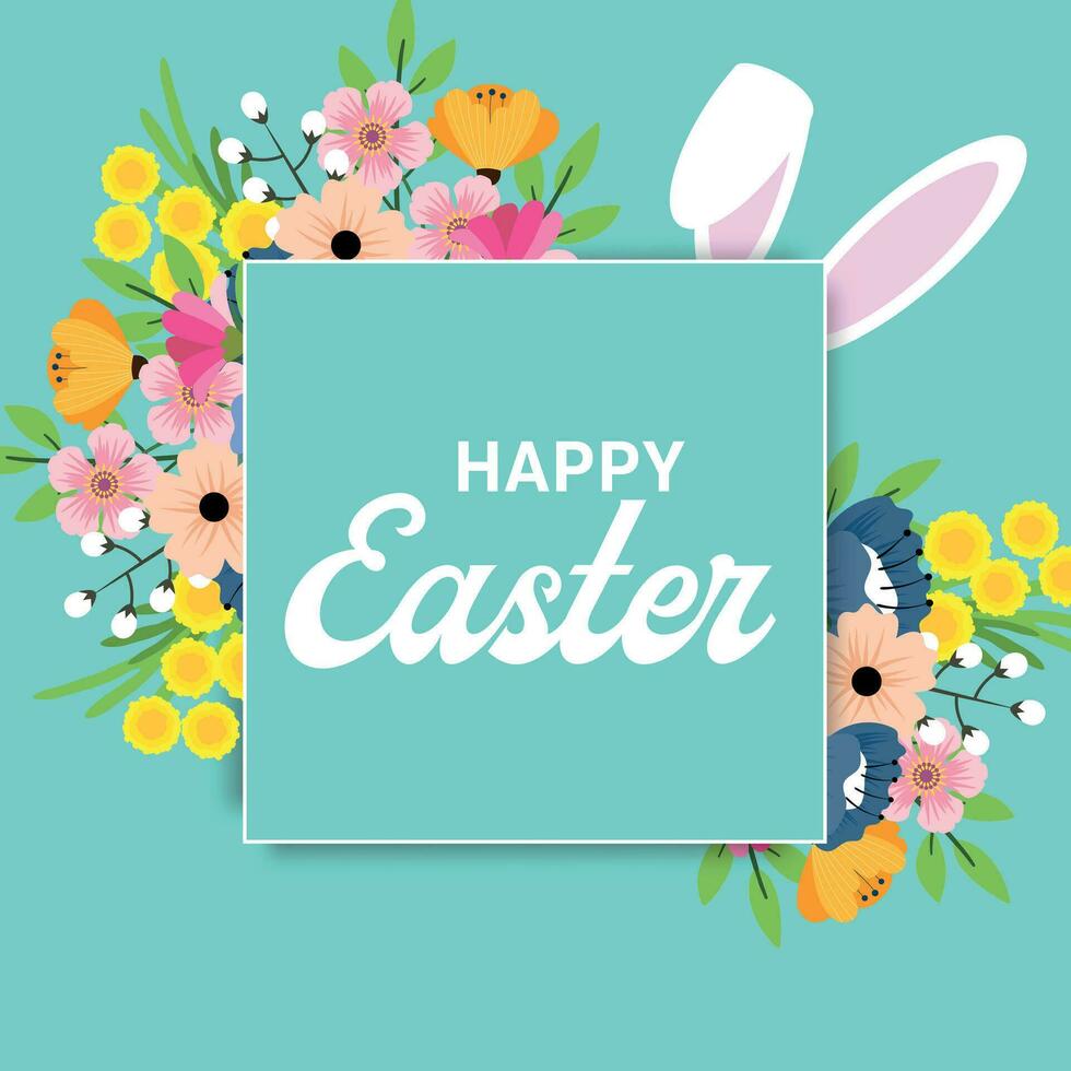 Happy Easter. Spring vector greetings design. Easter text with colorful flower elements in green background for spring season. For template, banners, wallpaper, flyers, invitation, posters, brochure