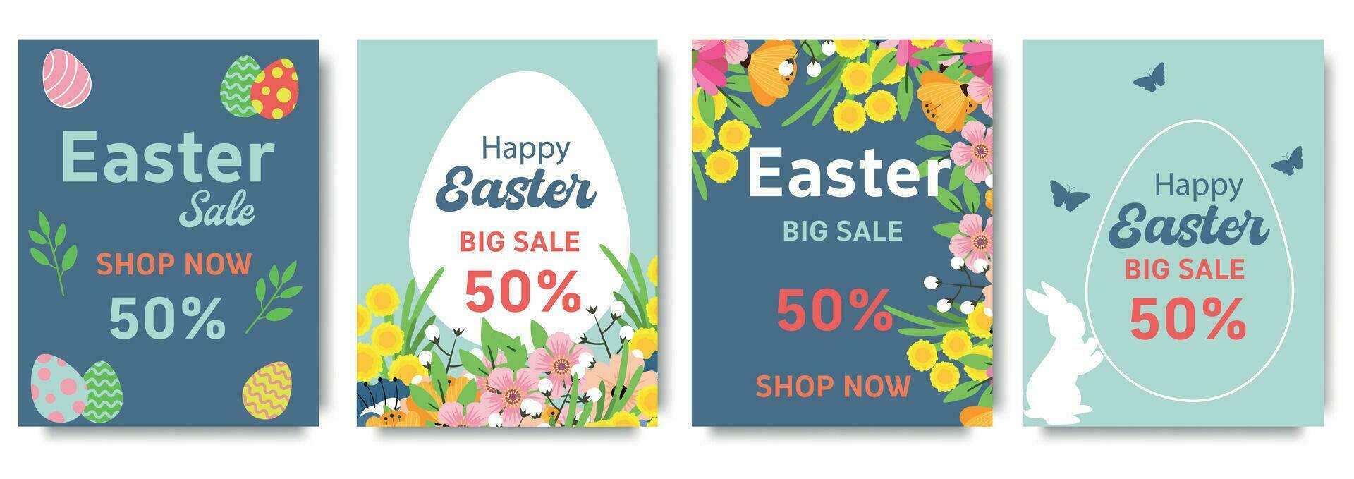 Set of trendy minimal Easter Sale posters with Color Painted Egg, Spring Flower and Rabbit. Spring background, cover, sale banner, flyer design. Template for advertising, web, social media vector