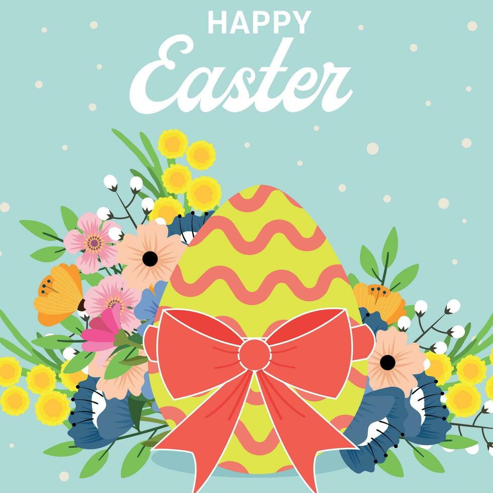 Happy Easter greeting card with Easter eggs, bow and flowers. Easter text with colorful flower elements in green background for spring season. For template, banners, wallpaper, flyers, invitation vector