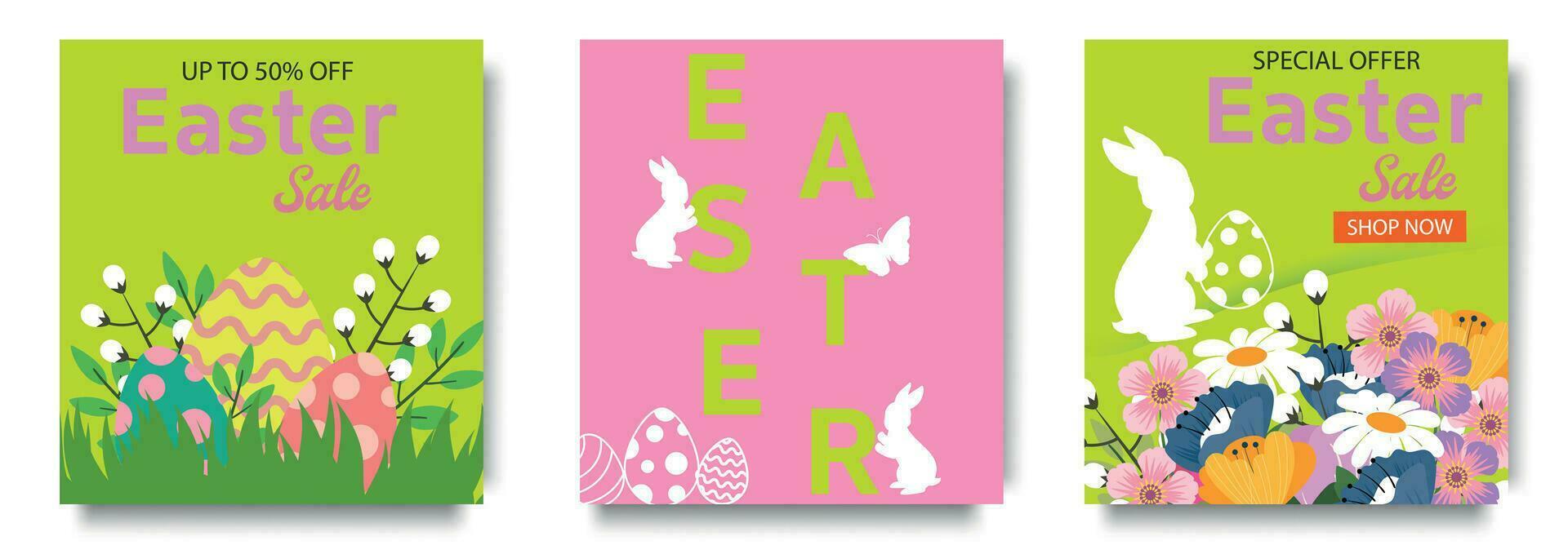 Happy Easter Set of Sale banners, greeting cards, posters, holiday covers. Trendy design with typography, flowers eggs and bunny. Modern art minimalist style. vector