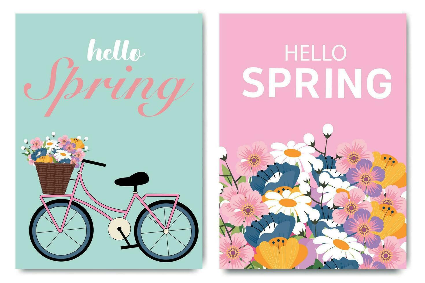 Set of trendy spring posters with bicycle and beautiful flowers. Modern typography. Spring background, cover, sale banner, flyer design. Template for advertising, web, social media. vector