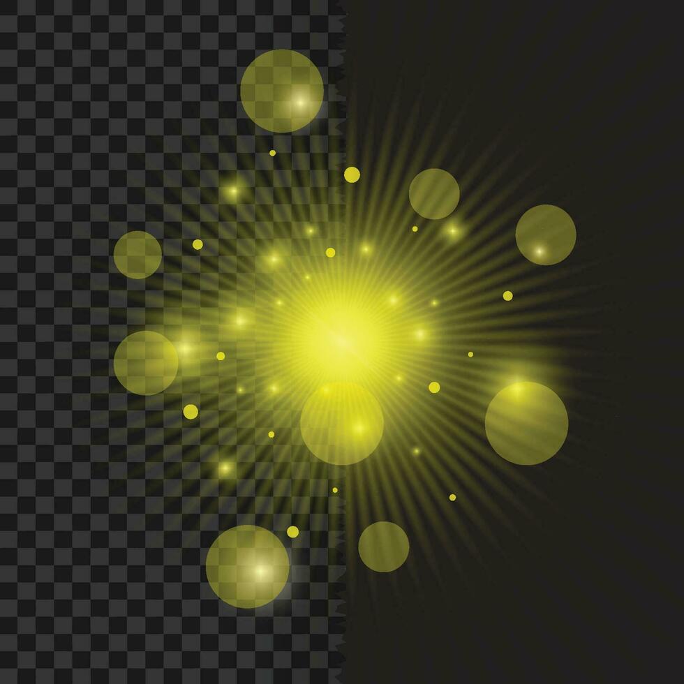 Golden glowing light burst explosion, flash of light, a magical glow, sun rays vector image