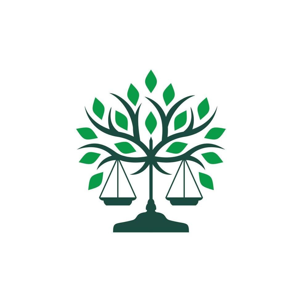 ley logo escala de justicia y verde árbol concepto logo icono modelo vector