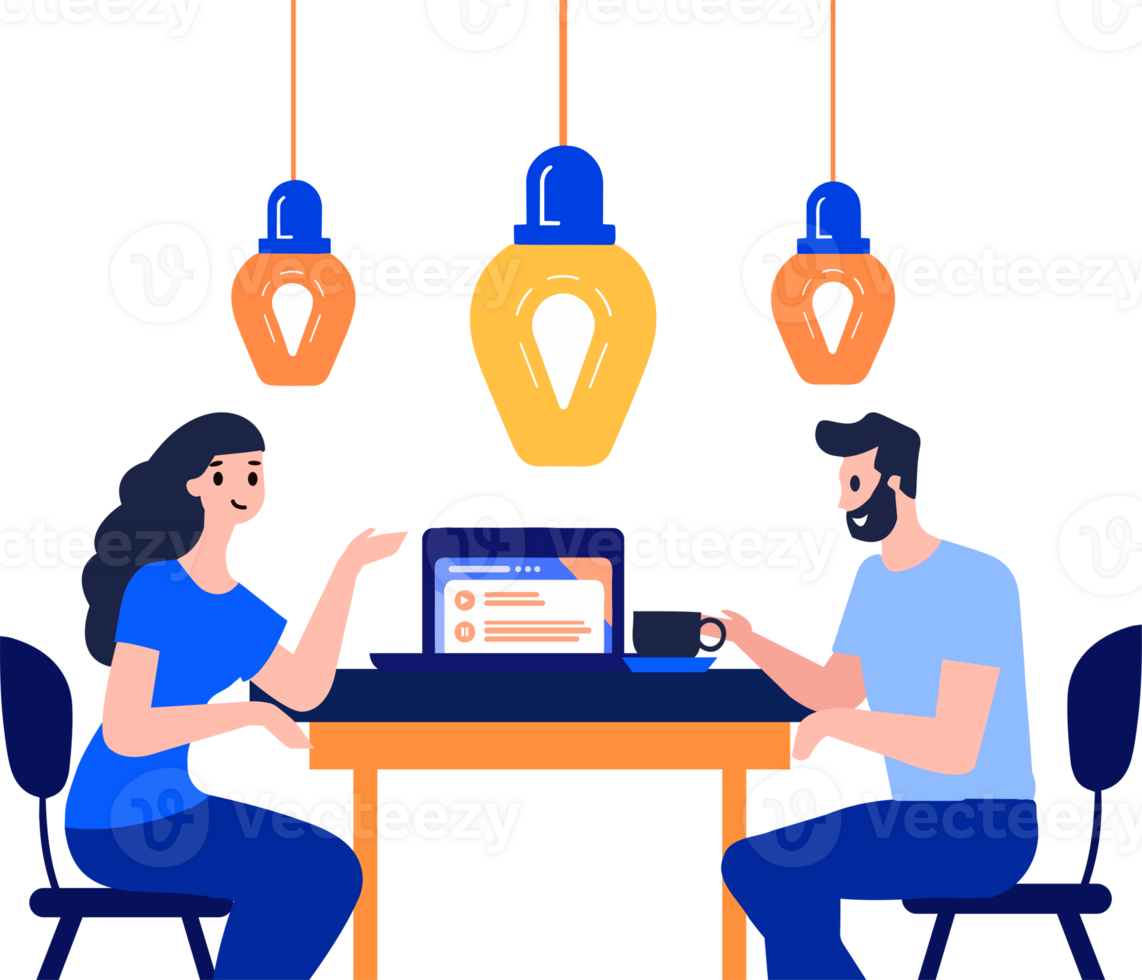 Hand Drawn business people having a meeting on the concept of Brain Storming in flat style png