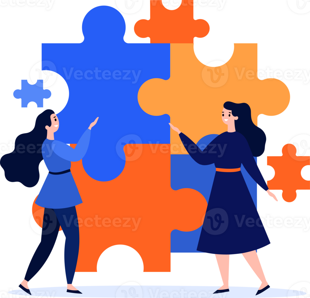 Hand Drawn Businessman with jigsaw in the concept of unity in flat style png