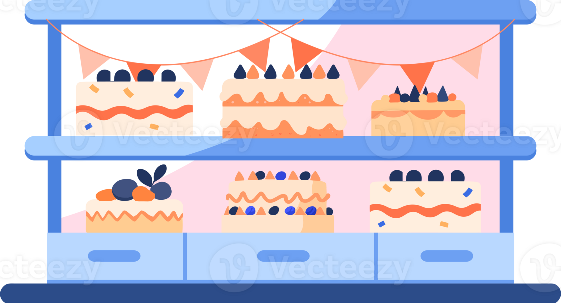 Hand Drawn Bakery shop front full of cakes in flat style png