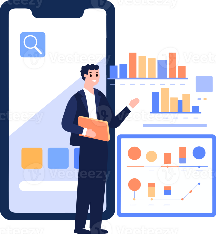 Hand Drawn Businessman with presentation charts in flat style png