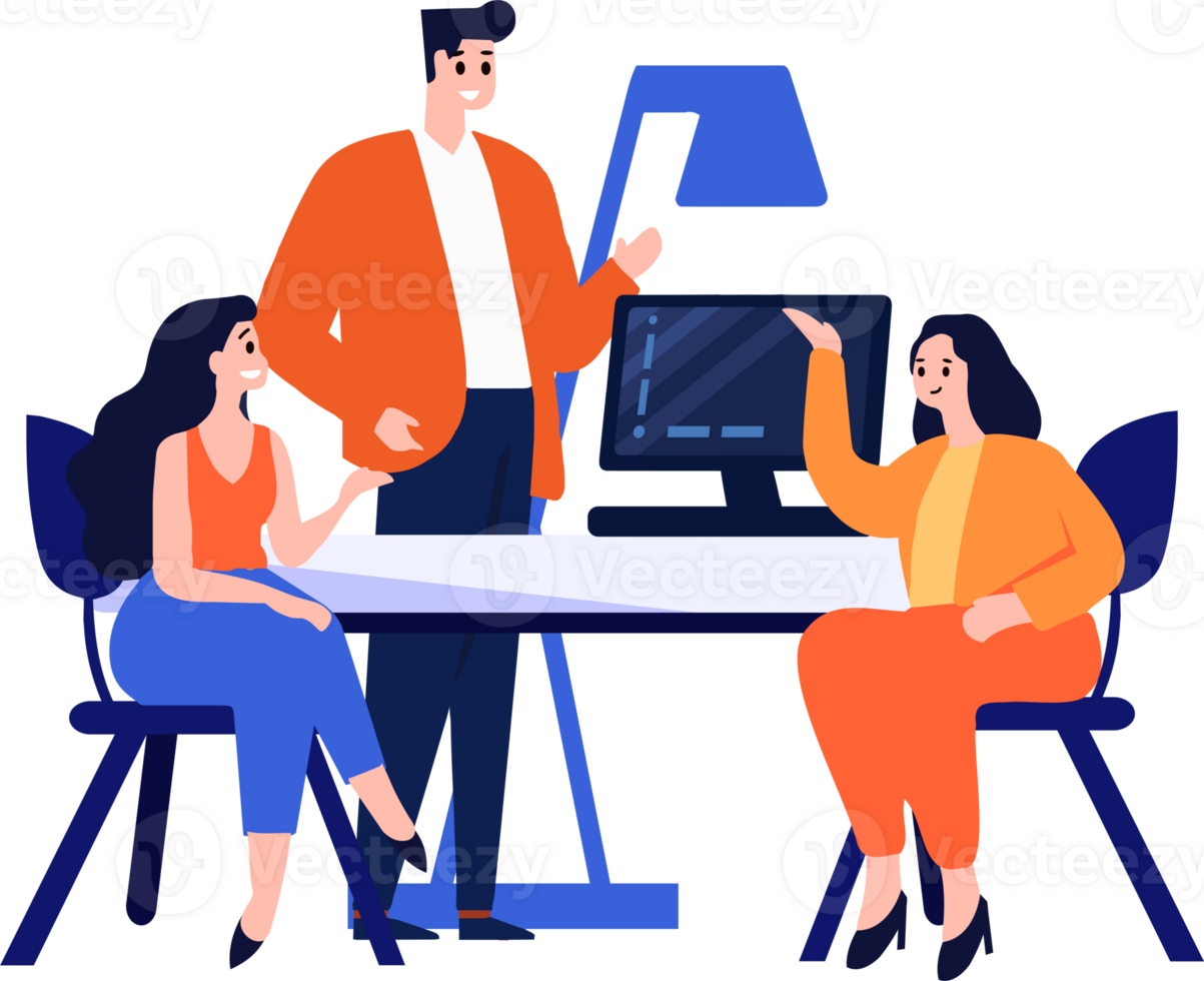 Hand Drawn business people having a meeting on the concept of Brain Storming in flat style png