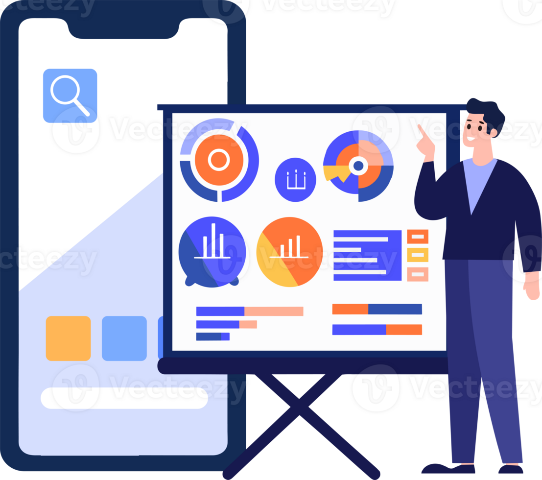 Hand Drawn Businessman with presentation charts in flat style png