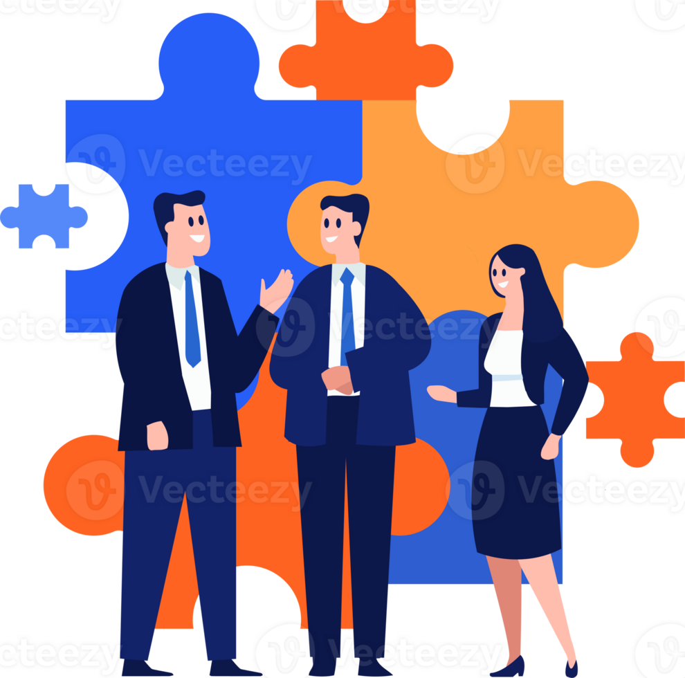 Hand Drawn Businessman with jigsaw in the concept of unity in flat style png