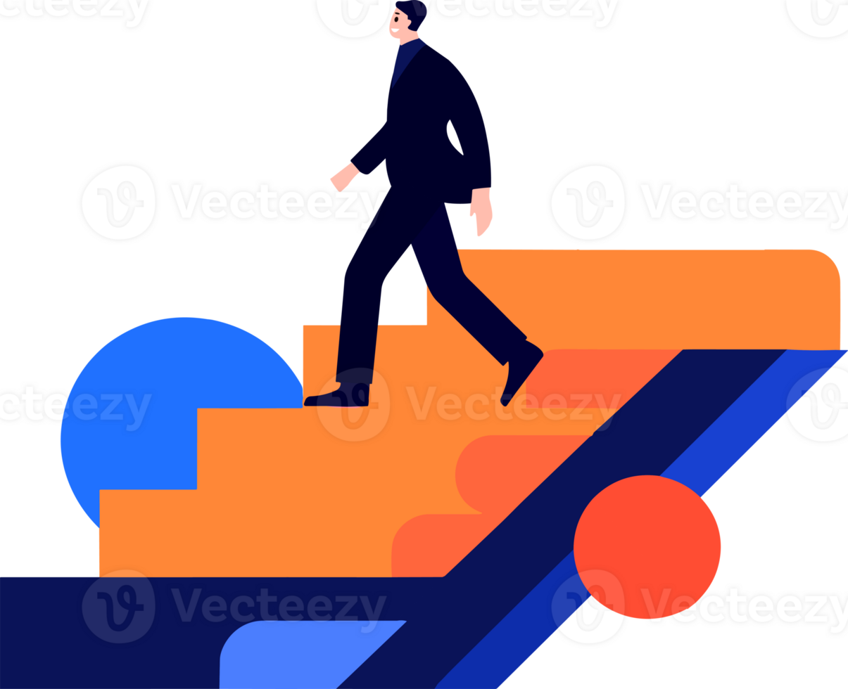 Hand Drawn Businessman walking up stairs in success concept in flat style png