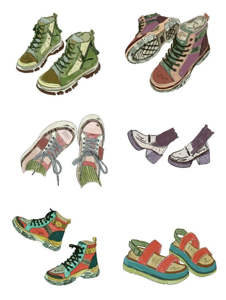 Stickers icons fashion sneakers pattern clothings boutique sport travel shoes vector