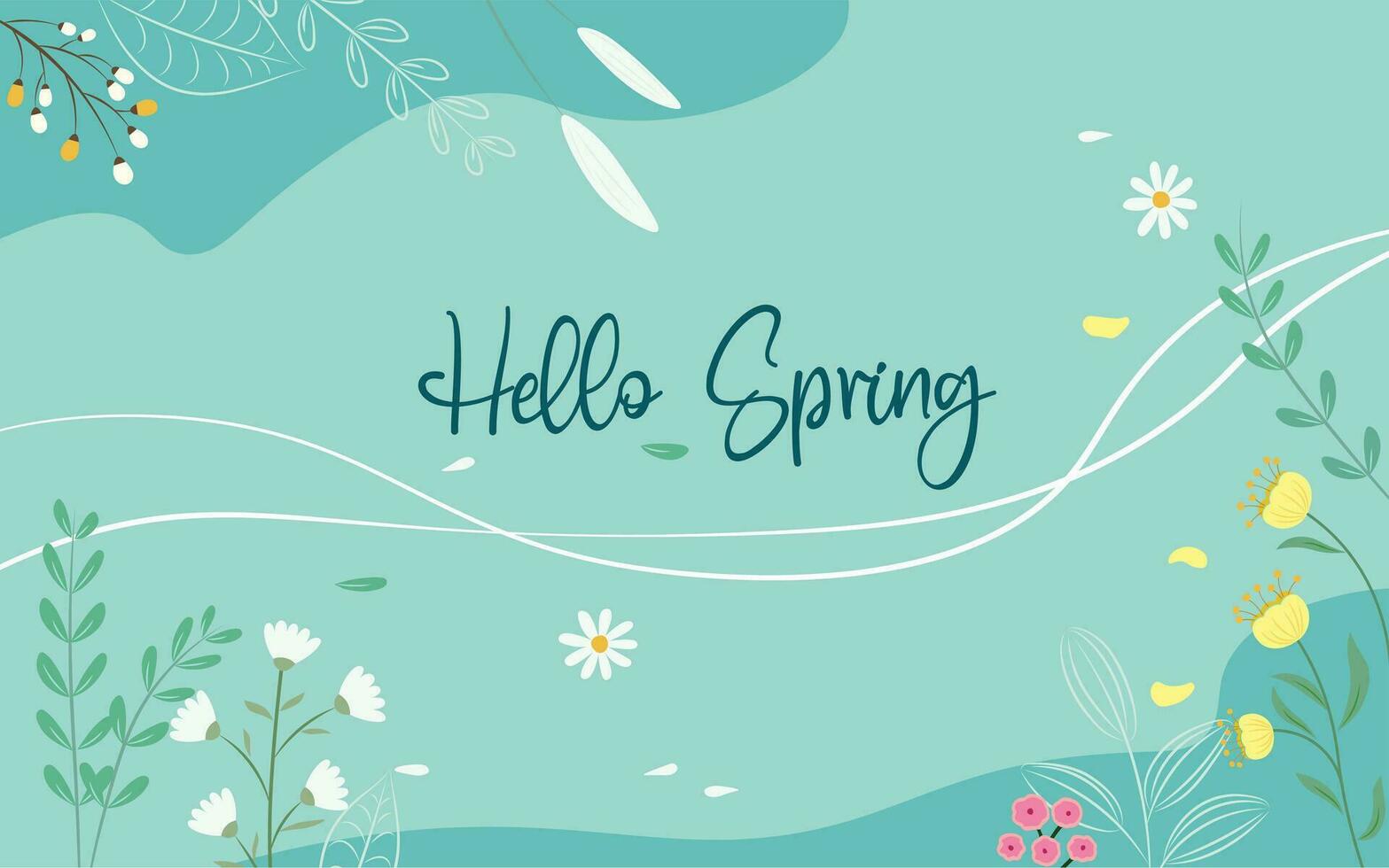 Hello Spring hand drawn vector illustration. Season lettering for greeting card, poster, banner, invitation, brochure, voucher discount. Spring background with flower and leaf. Spring time.