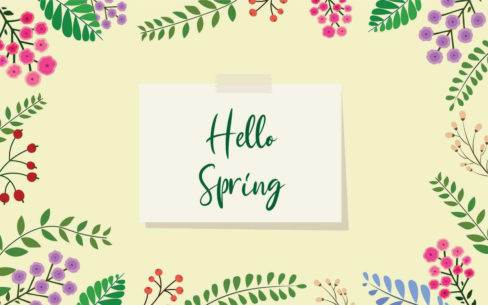 Hola primavera mano dibujado vector ilustración. temporada letras para saludo tarjeta, póster, bandera, invitación, folleto, vale descuento. primavera antecedentes con flor y hoja. primavera tiempo.