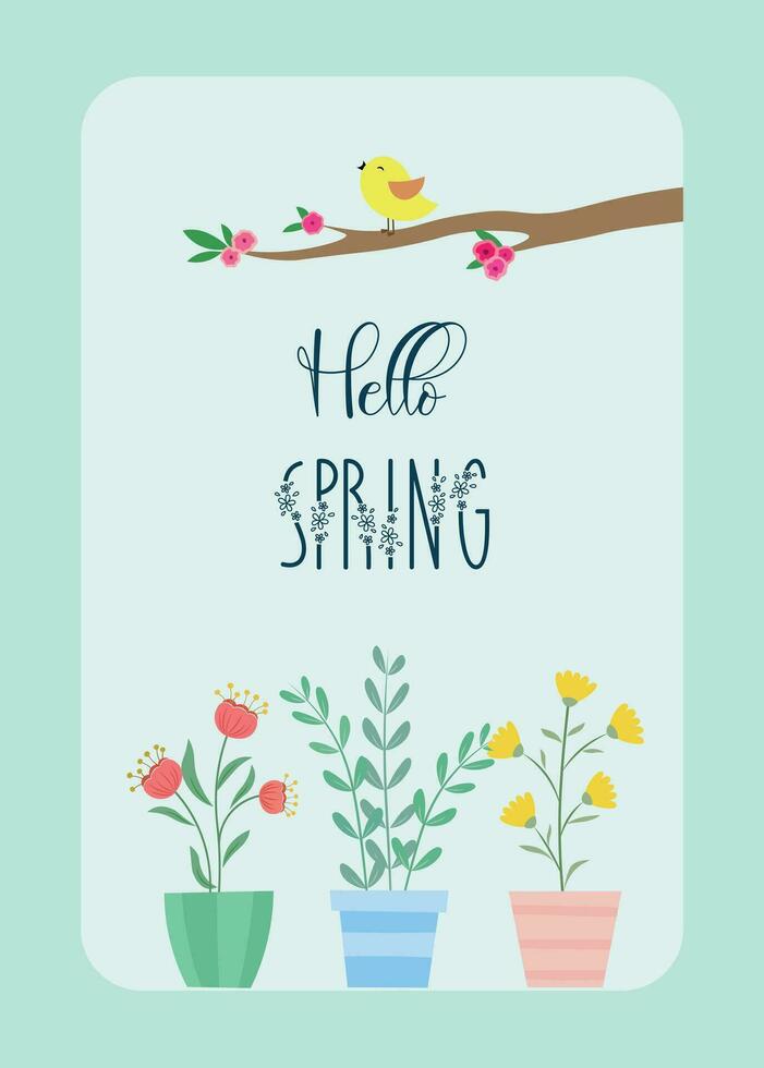 Hello Spring hand drawn vector illustration. Season lettering for greeting card, poster, banner, invitation, brochure, voucher discount. Spring background with flower and leaf. Spring time.