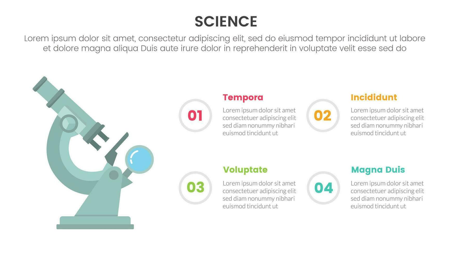 salud y Ciencias investigación infografía 4 4 punto etapa modelo con microscopio plano concepto para diapositiva presentación vector