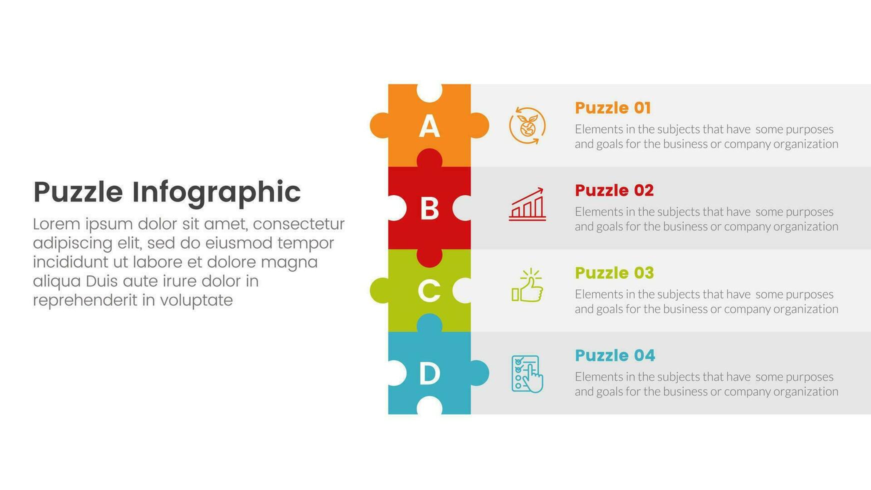 rompecabezas rompecabezas infografía 4 4 punto etapa modelo con largo rectángulo caja apilar en Derecha diseño con descripción para diapositiva presentación vector