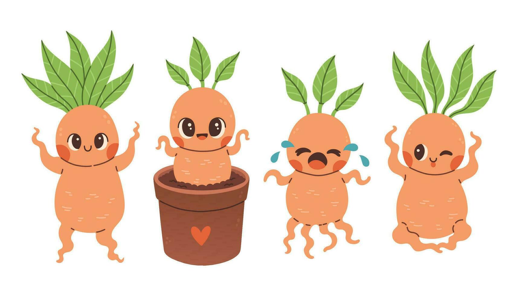 Cute mandrake set. Romantic magic plants. Cartoon mandragora illustration for stickers, cards, scrapbooking. Witchcraft symbols. Vector characters