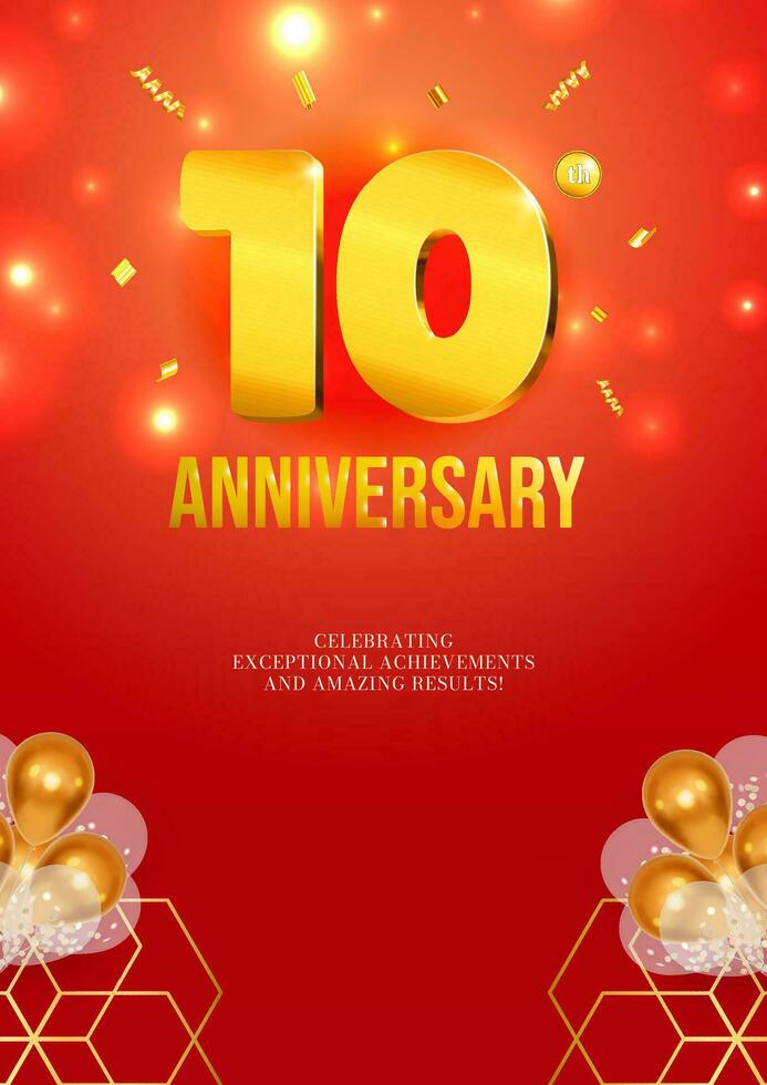 Anniversary celebration flyer red background golden numbers 10 vector