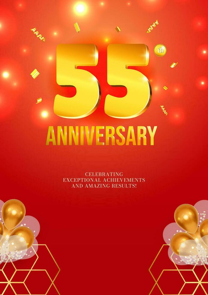 Anniversary celebration flyer red background golden numbers 55 vector