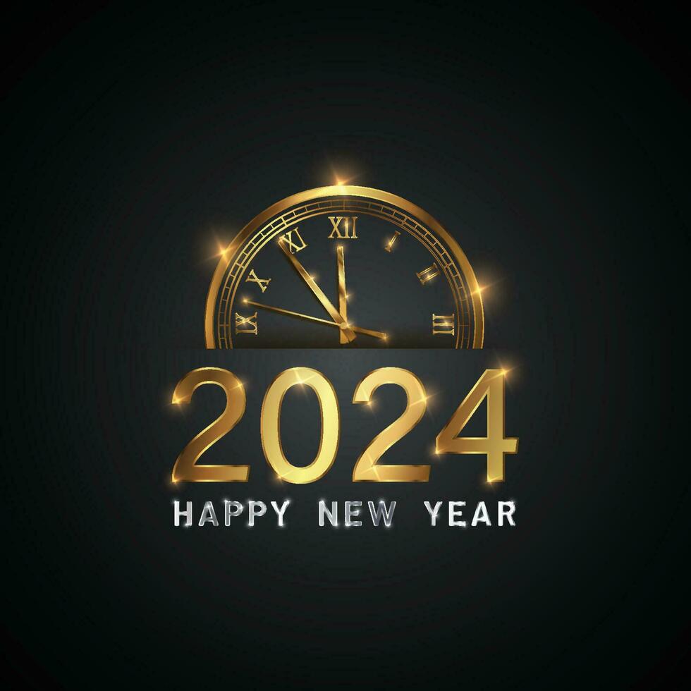 contento nuevo 2024 año elegante oro texto con fuegos artificiales, reloj y ligero. minimalista texto modelo. vector