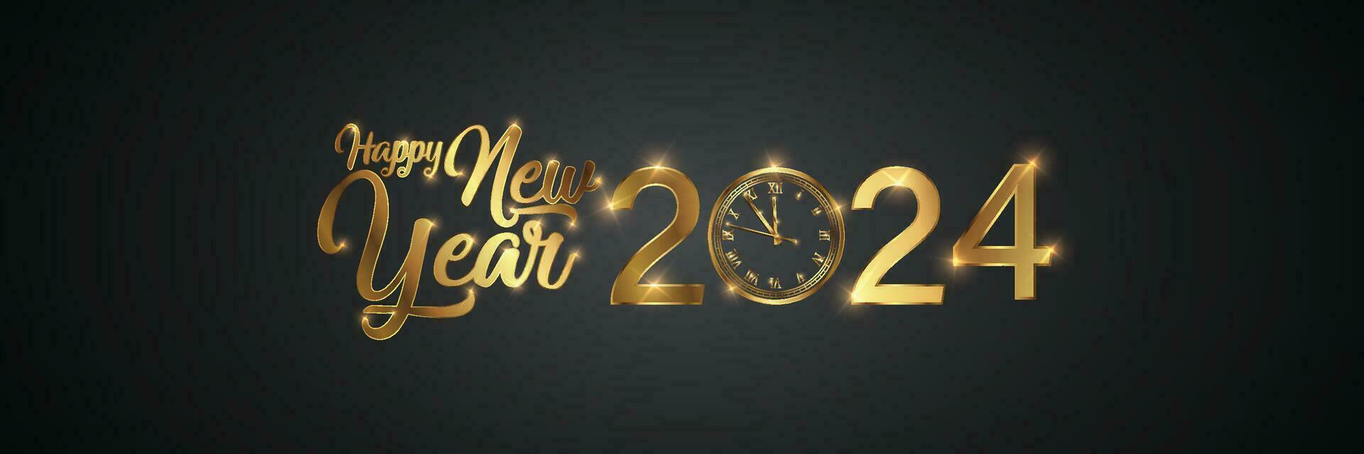 contento nuevo 2024 año elegante oro texto con fuegos artificiales, reloj y ligero. minimalista texto modelo. vector