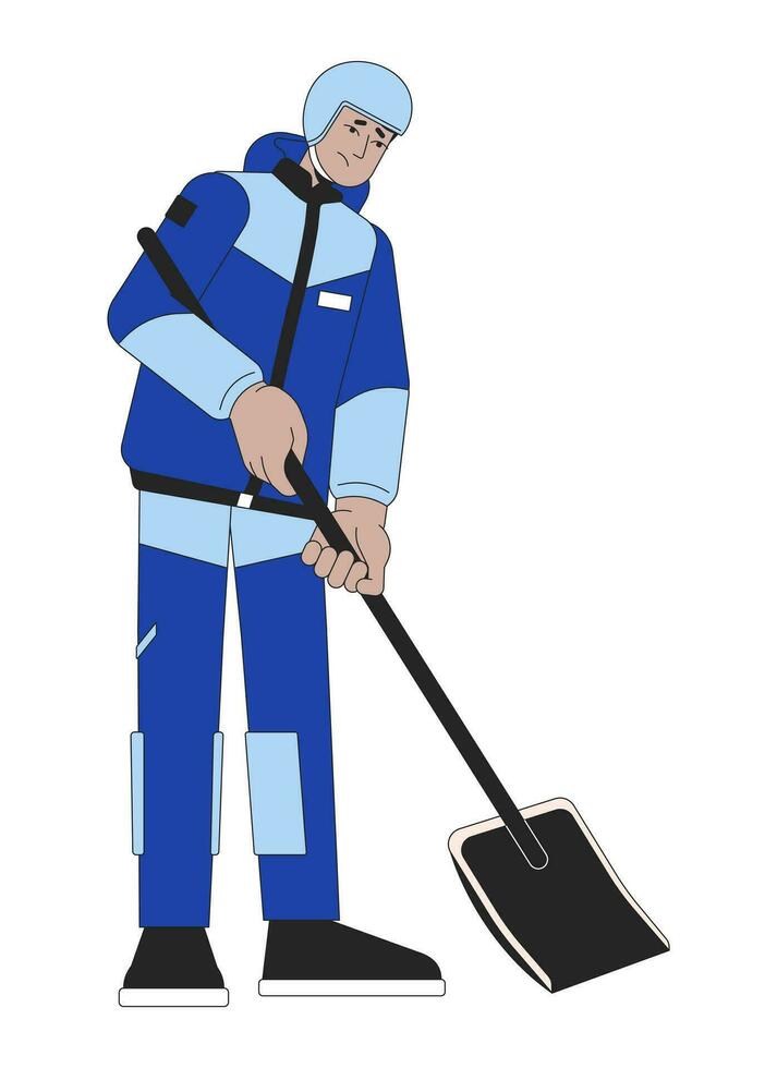 Snow mountain rescuer shoveling out 2D linear cartoon character. Winter outerwear indian man holding shovel isolated line vector person white background. Snow removal color flat spot illustration