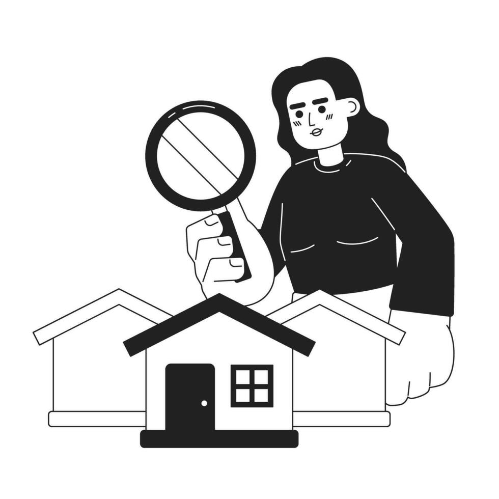 Searching suburban homes for sale black and white 2D illustration concept. Woman purchase house in suburbs isolated cartoon outline character. Magnifying glass property metaphor monochrome vector art