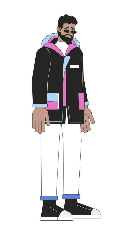 africano americano hombre triste vistiendo invierno ropa de calle 2d lineal dibujos animados personaje. negro masculino decepcionado aislado línea vector persona blanco antecedentes. vacaciones ido incorrecto color plano Mancha ilustración