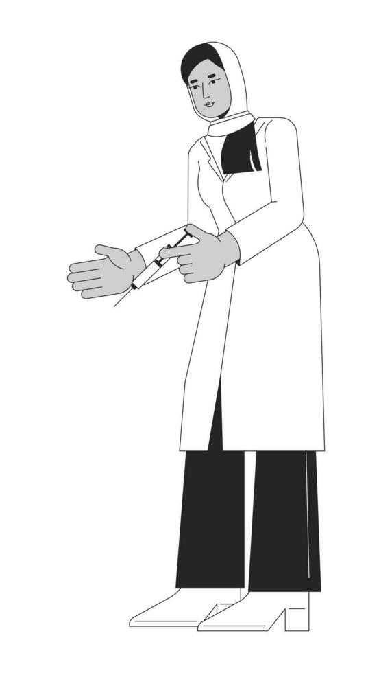 musulmán laboratorio Saco médico participación jeringuilla negro y blanco 2d línea dibujos animados personaje. árabe hijab médico aislado vector contorno persona. cuidado de la salud trabajador hembra monocromo plano Mancha ilustración