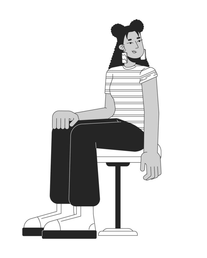 Hispanic young woman sitting ready for vaccine black and white 2D line cartoon character. Latina student girl on doctor visit isolated vector outline person. Monochromatic flat spot illustration