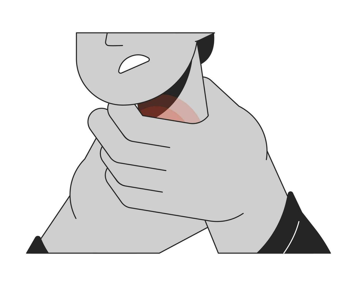 Indian man hands around sore throat black and white 2D line cartoon hands closeup. Painful lymph nodes isolated vector outline arms close up. Swollen glands infect monochromatic flat spot illustration