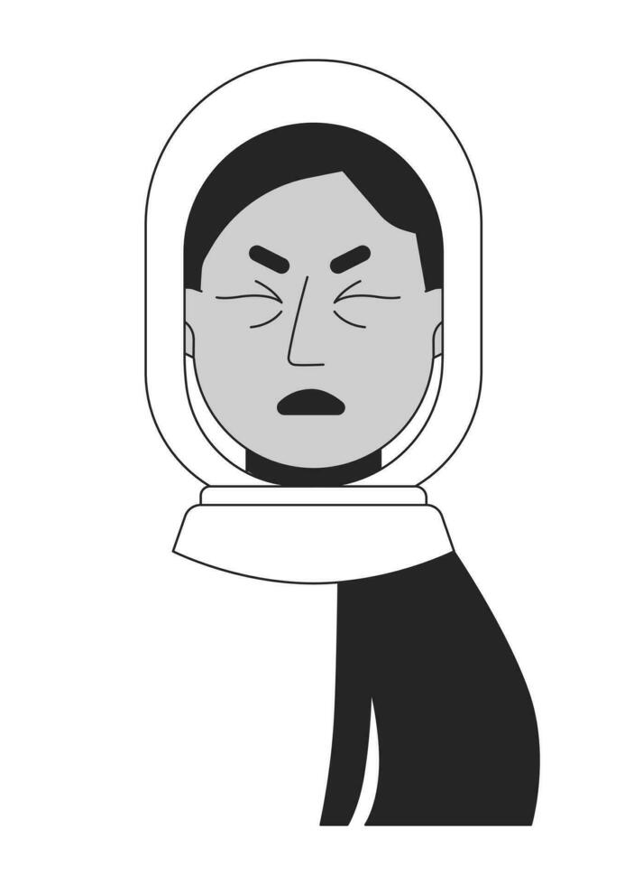 musulmán hijab mujer hizo una mueca en dolor negro y blanco 2d vector avatar ilustración. Pañuelo hembra gripe dolor de cabeza contorno dibujos animados personaje cara aislado. doloroso haciendo muecas plano usuario perfil imagen