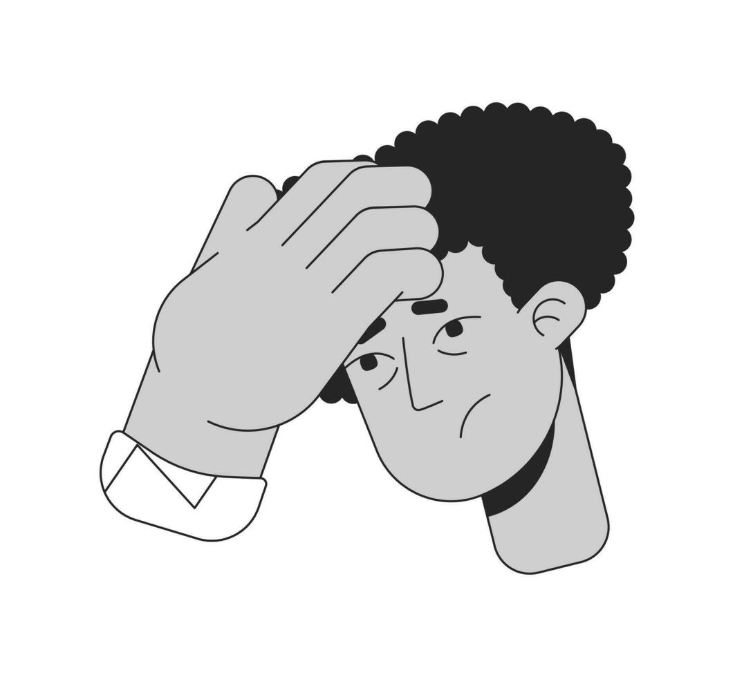 Hispanic guy touching forehead for fever feel black and white 2D line cartoon face closeup. Sick latinamerican male isolated vector outline head close-up. Headache monochromatic flat spot illustration