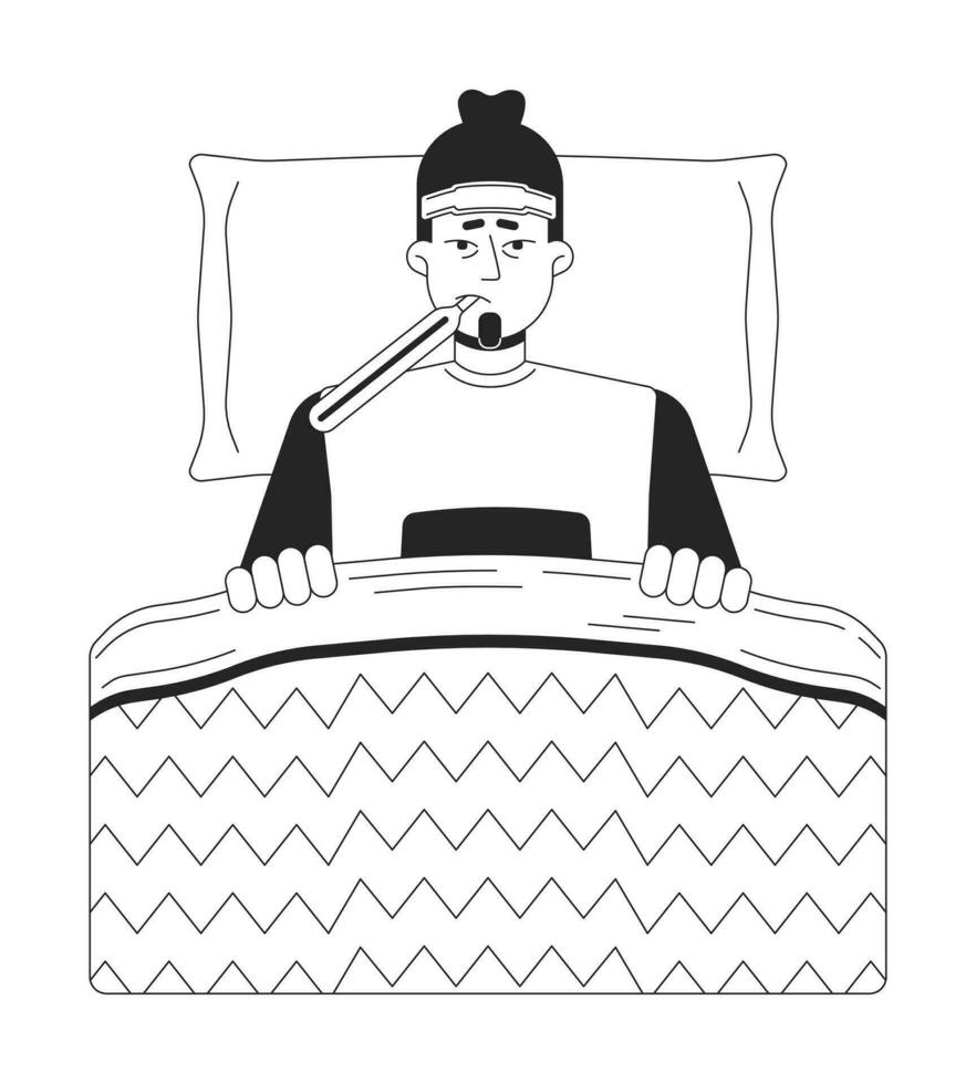 Cold sick caucasian man lying in bed black and white 2D line cartoon character. Exhausted male with thermometer isolated vector outline person. Wrapped in blanket monochromatic flat spot illustration