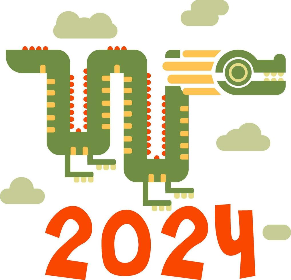 2024 Chinese New Year, the year of the Dragon. Chinese zodiac dragon in geometric flat modern style. The curved dragon. Geometric green dragon with clouds and numbers on a white background vector