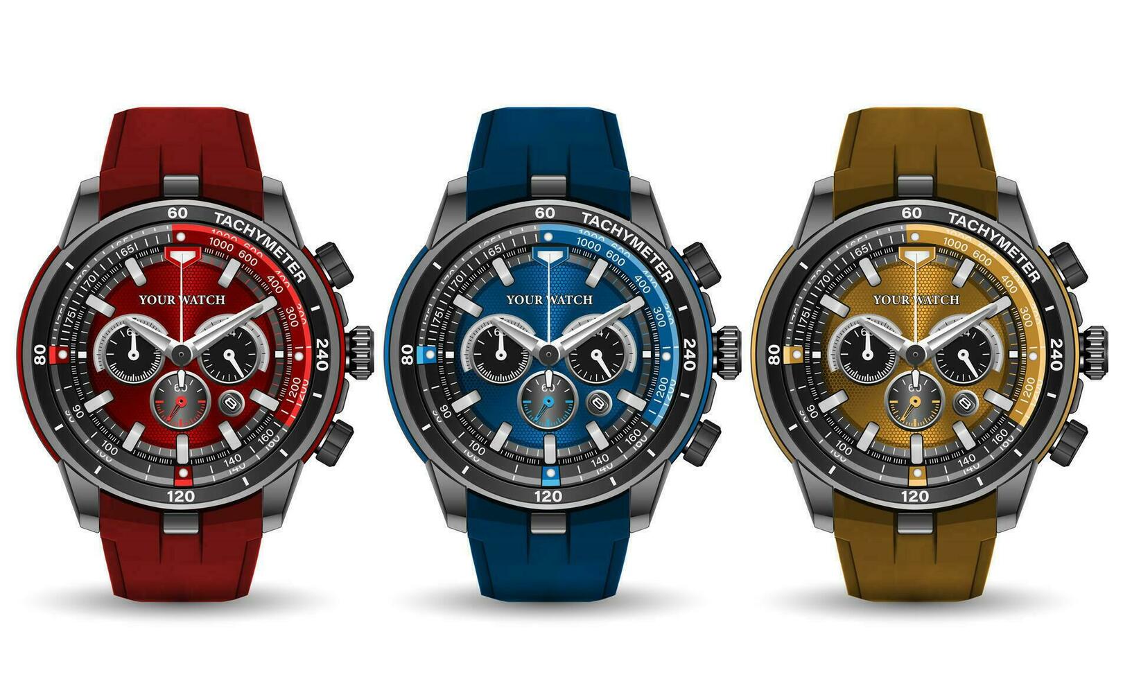 Realistic watch clock dark grey face white number with yellow red blue rubber strap on isolated design classic luxury collection vector