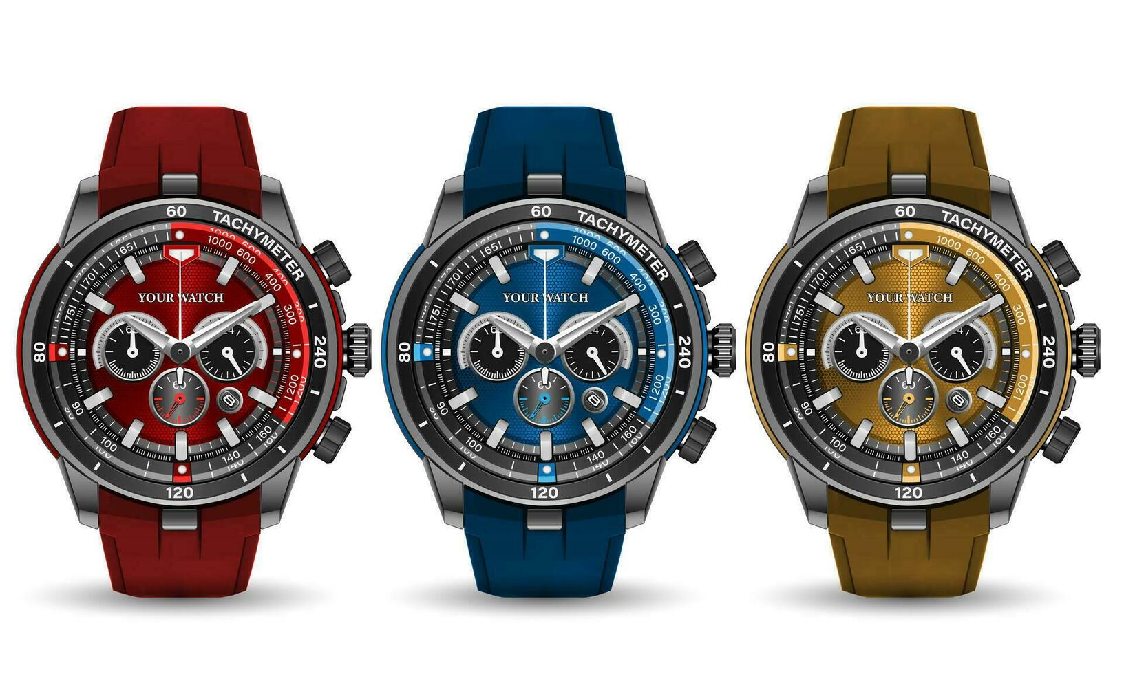 realista reloj reloj oscuro gris cara blanco número con amarillo rojo azul caucho Correa en aislado diseño clásico lujo colección vector